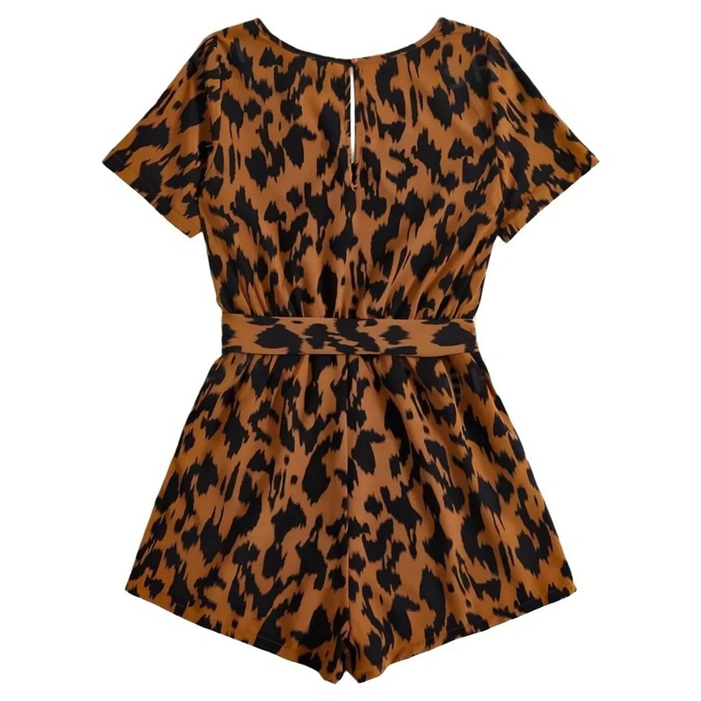 NWOT Shein VCAY Allover Leopard Print V-Neck Belted Romper - Size XS - Picture 2 of 8